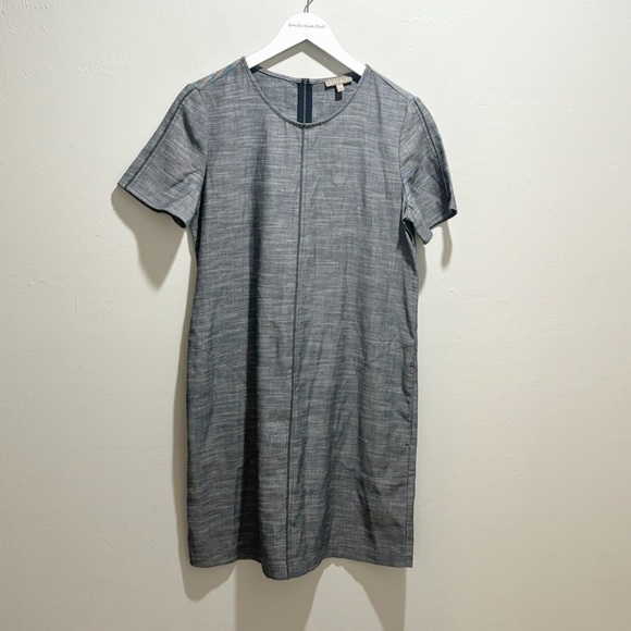 LILLA P Women’s Gray Seamed Shift Dress Linen Blend Pockets Short Sleeve Size S - Picture 1 of 7